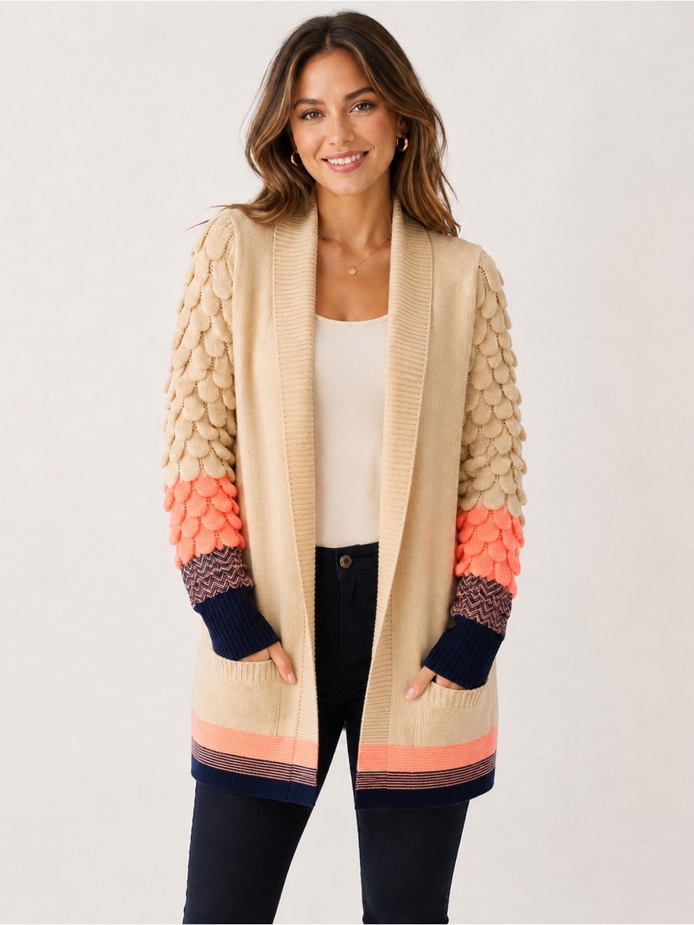 Jodifl Beige Popcorn-Sleeve Open Cardigan with Coral & Navy Accents NWOT Small